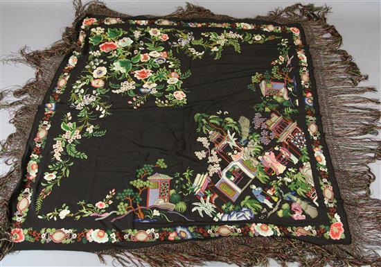 A Chinese black silk shawl, 20th century, 160 x 160cm plus fringes